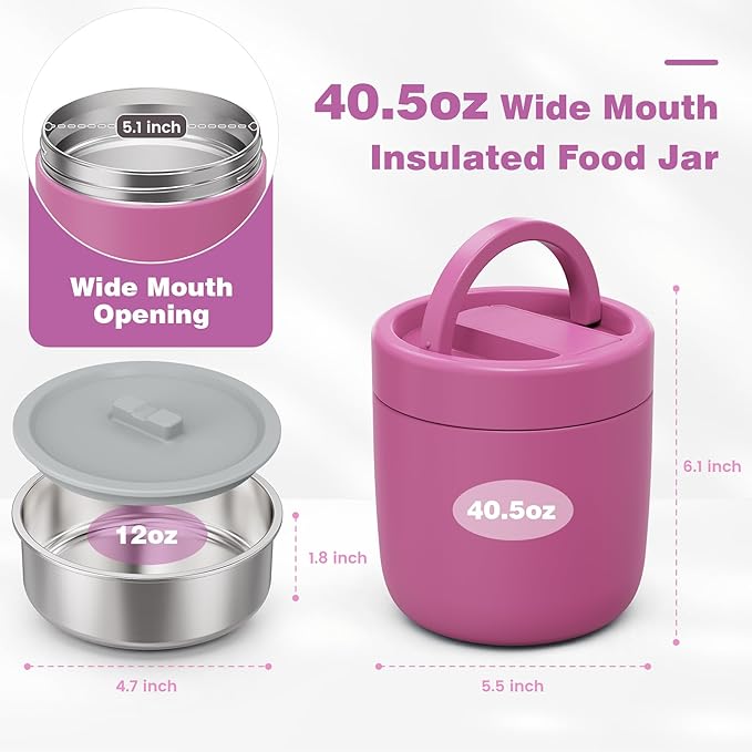 Thermo for Hot Food Adults, 40.5oz Wide Mouth Soup Thermo Lunch Containers with Spoon, Stainless Steel Vacuum Insulated Bento Lunch Box,Lunch Containers with Handle(Pink)