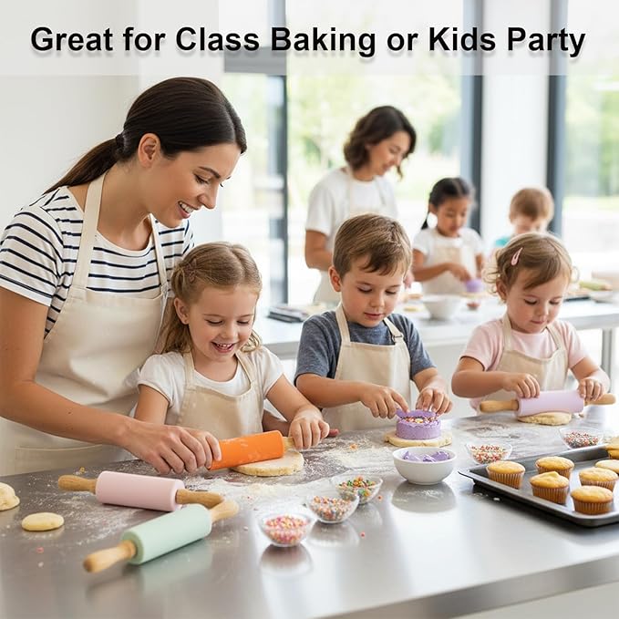 10 Pack Kids Rolling Pins, 9 Inch Small Silicone Rolling Pin with Wooden Handle for Baking Dough Cookie Fondant Pastry, Colorful Rolling Pins for Kids and Adults