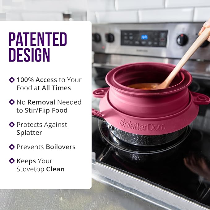 L.I.Q Silicone Splatter Guard – Fits 8 and 10 Inch Pots (20 and 25 Centimeters) – Microwave Safe and Durable SplatterDom - Includes 8” Lid - Food and Oil Splash Guard (Bordeaux, Small)