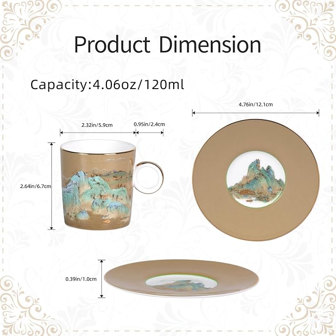KAMMAK Tea Cups and Saucers Set of 2, Porcelain Coffee Cups, Stackable Espresso Mugs, Ceramic Demitasse for Coffee, Cappuccino, Latte, Americano, Tea, Small - River and Mountains