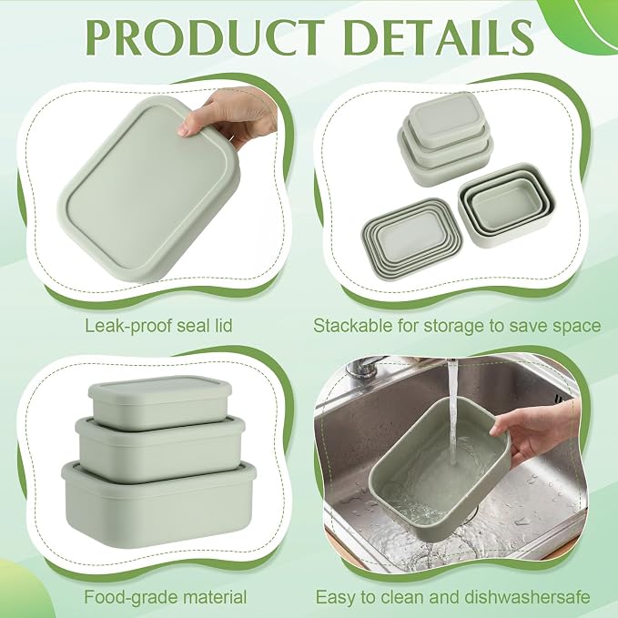 Blushtier 2 Sets of 6 Silicone Food Storage Containers, Reusable Lunch Bento Box with Lid, Hard Shell Storage Containers, Microwave Dishwasher Freezer Safe, 10 oz, 23.6 oz, 44 Ounce(Sage Green)