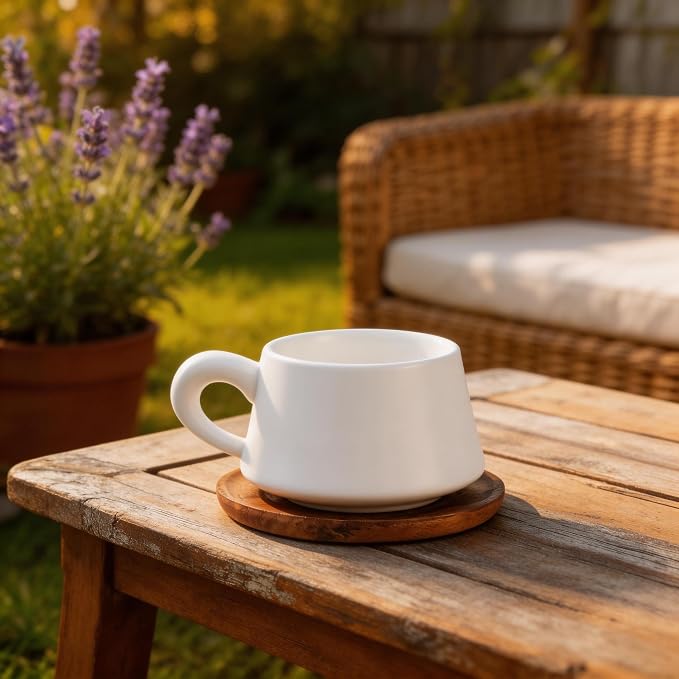 Set of 1 Ceramic Tea White Cup and Wood Saucer - 7 oz Tea Mug - Wide Cappuccino Cup, Coffee Cups for Cappuccino, Latte, Espresso, Americano