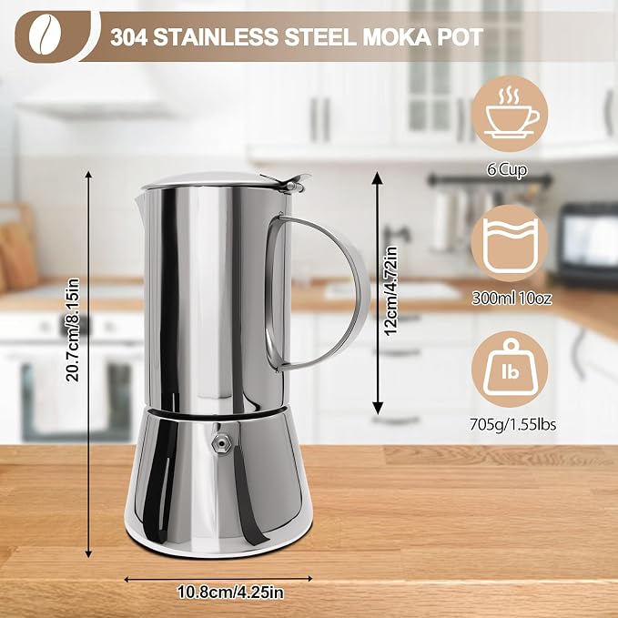304 Thickened Stainless Steel Uncoated 6 Cup Moka Pot Coffee Maker Stovetop Espresso Coffeemaker Italian Classic Brewing Greca Cafe Mocha Machine for Cafeteras Camping Travel Home 300ml 10oz