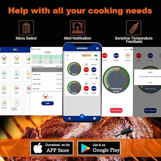 Wireless Meat Thermometer Digital for Cooking and Grilling - 2 Ultra-Thin Probe, 800FT Long Range Bluetooth Smart Meat Thermometer, Food Thermometer for BBQ, Oven Safe, Kitchen, Rotisserie,Smoker