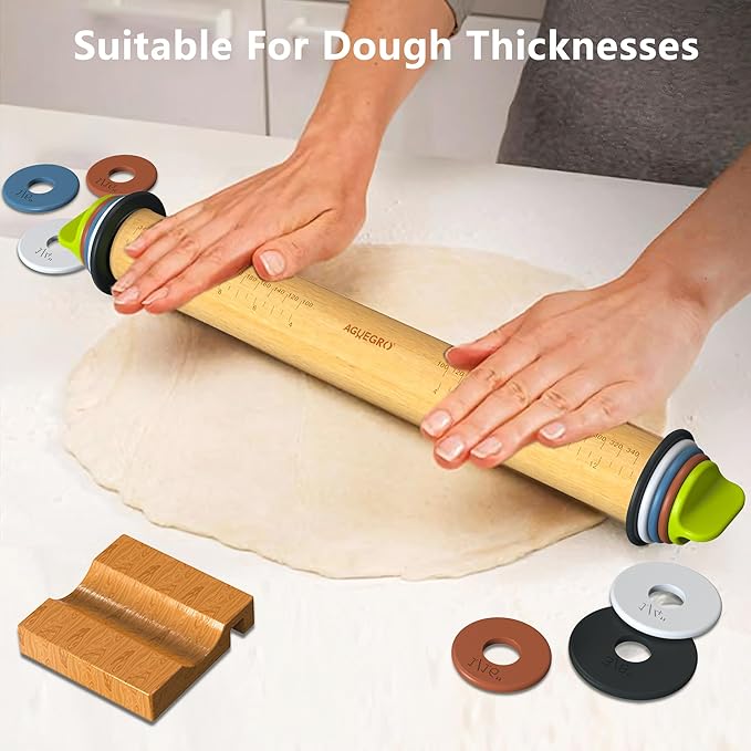 Rolling Pin with Adjustable Thickness Rings and Pastry Baking Mat Dough Thickness for Baking, Fondant, Pizza, Pie, Cookies, Pastries, 13.6" with 4 Multi-Color Thickness Rings and Wooden Stand