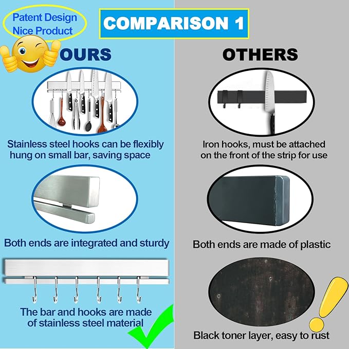 YIIYIIN 12" Premium 304 Stainless Steel Double-Sided Magnetic Knife Holder for Wall -with Adhesive Strip, No Drill -6 Hooks Included for Kitchen Utensils