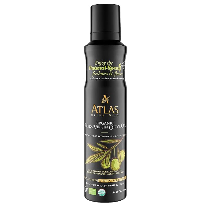 Olive Oil Spray by Atlas, Dual Function Olive Oil Cooking Spray and Stream, 5.4 fl oz, Extra Virgin, Non Stick, Cold Pressed, Polyphenol Rich, Organic Moroccan EVOO, Hydroxytyrosol, Keto