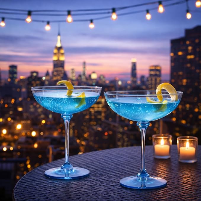 LemonRoad 48 Pcs Plastic Coupe Glasses 9 oz Disposable Martini Glasses for Cocktails, Champagne, Desserts and Espresso, Drinkware Set for Weddings, Birthday Parties, Home Bars (Blue)