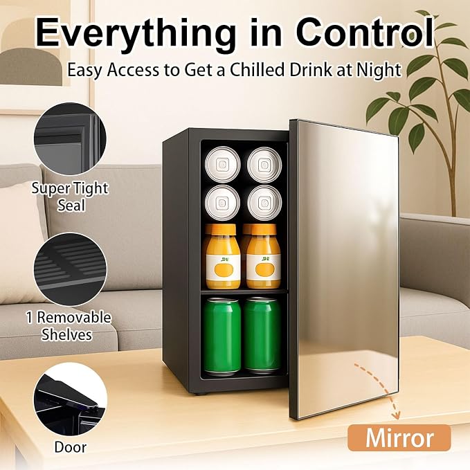 7 Temp Control 24 Can Mini Fridge, 0.95 Cu.Ft Beverage Cooler for Soda, Beer, Wine, Beauty Products, Mirrored Door Compact Refrigerator for Bedroom, Dorm, Office, Storage