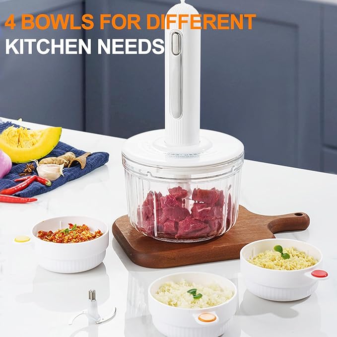 Glass Food Processor, Cordless Electric Meat Grinder with 2 Blades & 4 Bowls (8 Cup+3x0.5 Cup) Compact Food Chopper for Meal Prep Baby Food Sauces