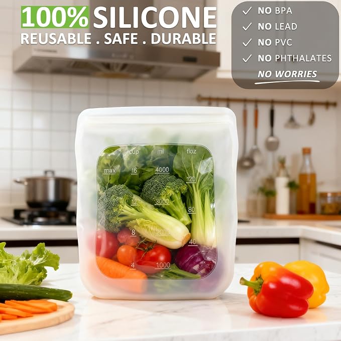 100% Silicone Gallon Storage Bags, Extra Large Reusable 1 Gallon Silicone Storage Bags Stand-Up Zip-Lock Leakproof for Bulk Food & Large Portions, Freezer Microwave Sous Vide Dishwasher Safe, 4 Pack
