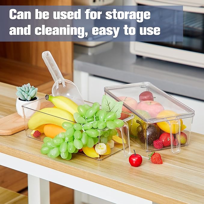 Havawish 8 Pcs Ice Storage Bin for Freezer with Lid and Flexible Scoop Set Plastic Ice Container with Lid Handle for Home Office Fridge Storage (12.4 x 5.91 x 3.94 Inches,Clear)
