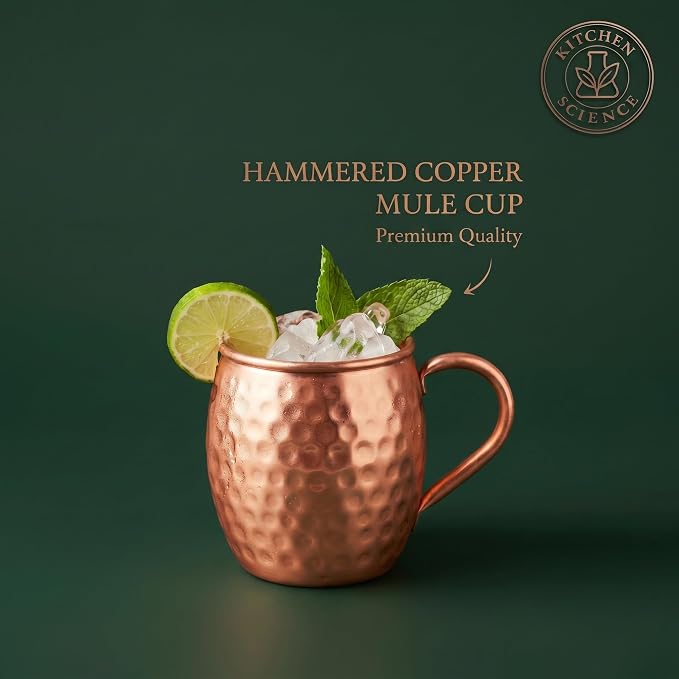 Kitchen Science Premium Hammered Copper Moscow Mule Mugs Set of 6 | Food-Graded-Lacquer Coating | Thick Wall- Cocktail Cups| Ideal for Cocktails, Beer & Gifting