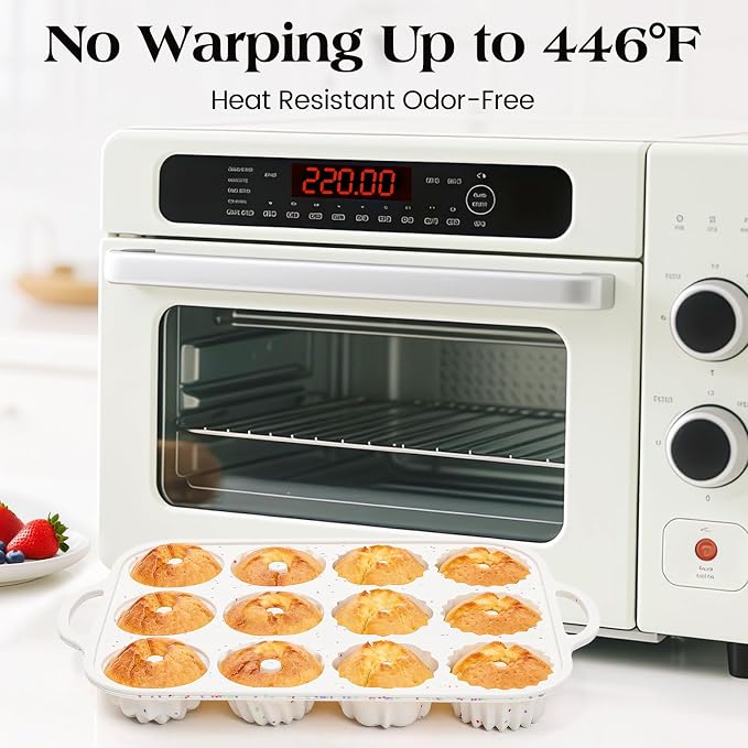 Vinino 3 Inch Silicone Mini Fluted Tube Cake Pan with Metal Reinforced Frame, 4 Different Shapes, 12-Cavity Mini Flan Mold, Nonstick Baking Pan for Mini Donuts, Jello, Pudding, Brownies, 1 Pack