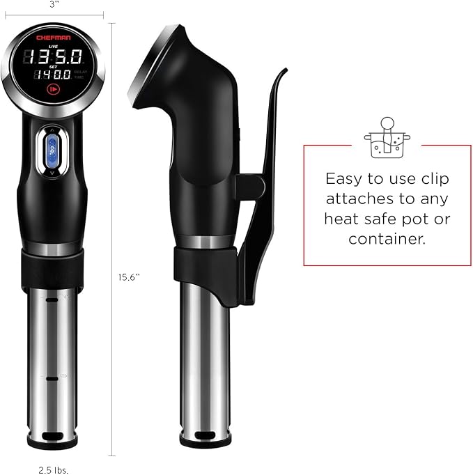 Chefman Sous Vide Immersion Circulator w/ Precise Temperature, Programmable Digital Touch Screen Display and Easy to Use Controls, Black