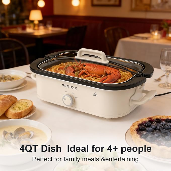 MAGNIFIQUE 4 Quart Slow Cooker with Ceramic Nonstick Baking Dish, Adjustable Temperature, Oven Safe for Lasagna & Roasts, Dishwasher Safe Stoneware & Tempered Glass Lid, Compact Crock Pot, Oatmeal
