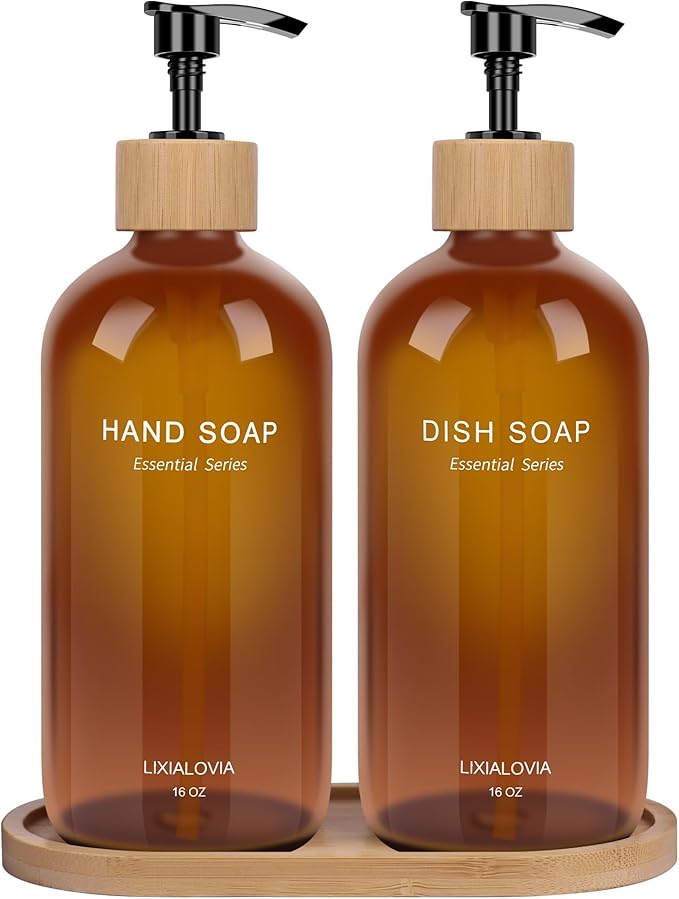Dish and Hand Soap Dispenser Set with Tray, 16OZ Refillable Glass Bottles and Wood Pump, Double Bottle Countertop Organizer for Kitchen and Bathroom (Amber)