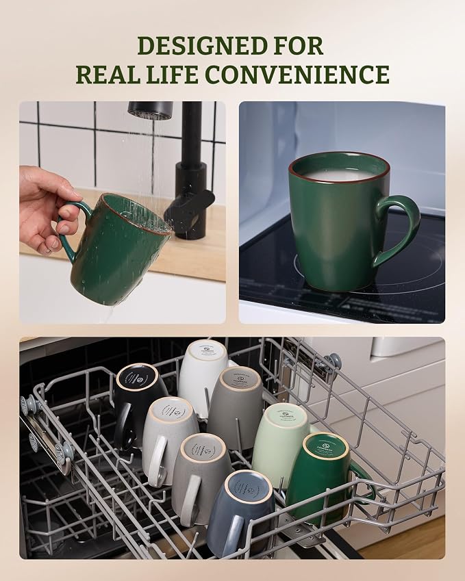 famiware Venus Coffee Mugs for 6, 13 oz Mug Set, Dringking Cup with Handle for Coffee, Tea, Cocoa, Milk, Dark Green