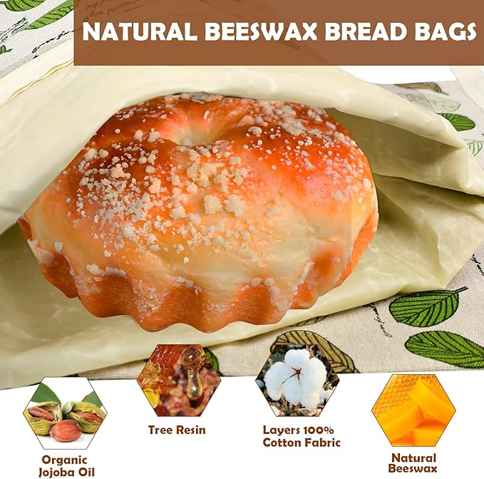 Reusable plastic-free beeswax lined - FDA cleared -fabric bread bags, beeswax toast storage pack (2ea),flax ciabatta storage pack, Moisture-proof fabric with zipper and buckle(Green Leaf)