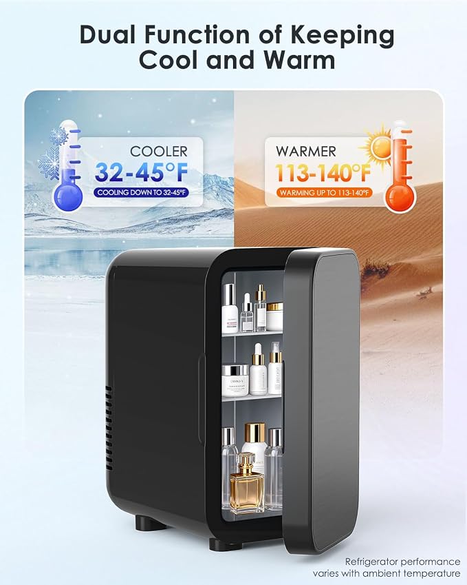 FANSEXPERT Skincare Fridge with Glass Panel, 6L Mini Fridge for Home/Car, AC/DC Portable Thermoelectric Cooler and Warmer, Makeup Mini Compact Refrigerator for Skincare Cosmetics Food Drinks (Black)