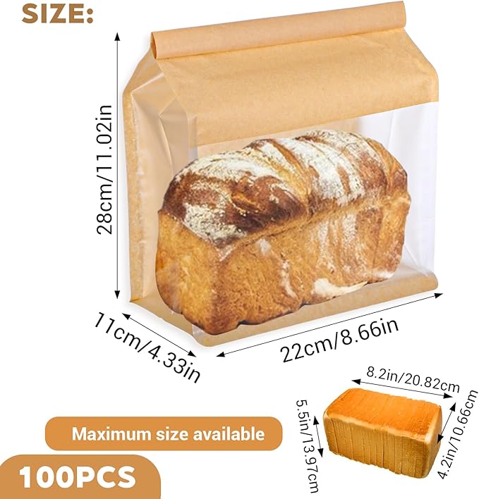 100 Pcs Heavy Duty Large Paper Bread Bags with Tin Tie Tab Lock, Loaf Bag with Clear Front Window, Storage Packaging Treat Bag for Bakery Cafe Homemade Bread 11.2” × 4.3” × 8.7”