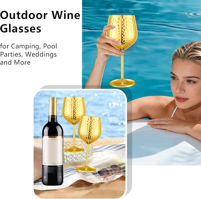 UNISWEET Stainless Steel Wine Glasses Set of 4 Unbreakable (Gold) | 17 oz Large-capacity Hammered Goblets, Lightweight & Reusable, Good for Outdoor, Camping, Pool Travel, Gift for Wine Lovers