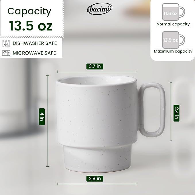 Bacimi® - Stackable Coffee Mugs Set of 4 with Metal Rack - Stoneware Mugs 13.5oz Coffee Mug Stand - Ceramic Coffee Cups for Latte, Cappuccino & Hot Beverages - Eggshell White