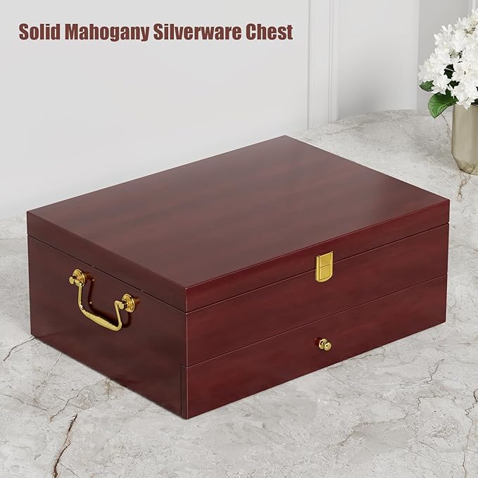Mahogany Wood Silverware Storage Box,Silverware Case Flatware Chest with Felt Lined,Flatware Storage Box for 12 sets of Utensils（Walnut，2 Tier）