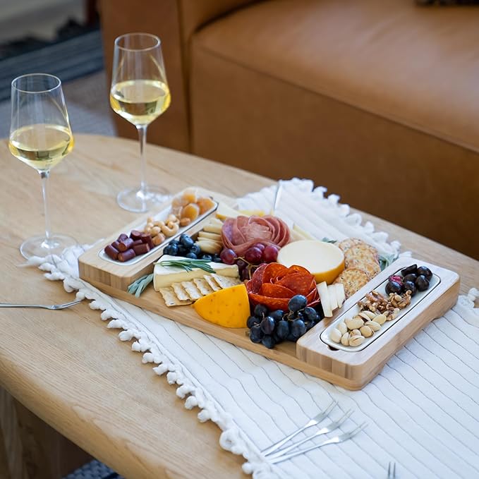 SMIRLY Charcuterie Board Set: Bamboo Rectangular Rustic Brown Cheese Board with Charcuterie Accessories & Round Fruit Tray - Perfect for Entertaining, Gifting, and Serving