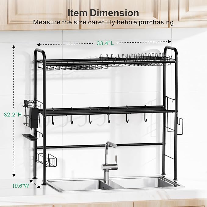 GSlife Over The Sink Dish Drying Rack, 2 Tier Above Sink Dish Drainer Drying Rack with Utensil Holder for Kitchen Counter, Rustproof Kitchen Plate Organizer, Black