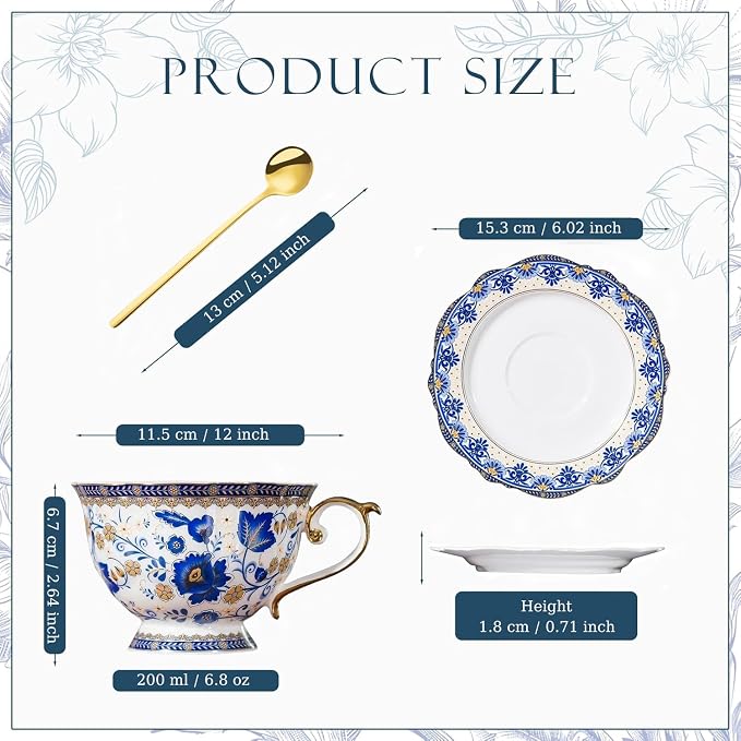 ONEUSTAR Tea Cup and Saucer Set for 1 Bone China Floral Coffee Cup with Gold Trim 6.8 oz Vintage English Teacup for Women Mother's Day Gift, Blue