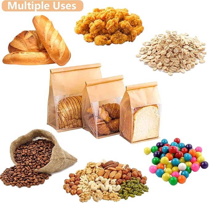Heavy Duty Large Paper Bread Bags with Tin Tie Tab Lock 200pcs, Loaf Bag with Clear Front Window, Storage Packaging Treat Bag for Bakery Cafe Homemade Bread 10.6” × 4.3” × 8.7”