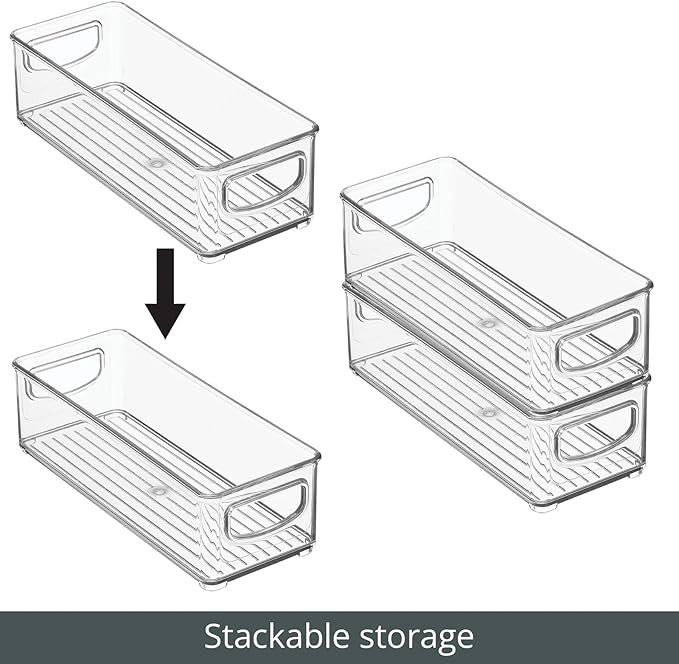 mDesign Plastic Bathroom Storage Container Bins w/ Handles - Closet, Cabinet, Vanity, Cupboard Shelf Organization, Hair Tools Accessory Organizer - Ligne Collection; Clear, 4x10x3 (Pack of 4)