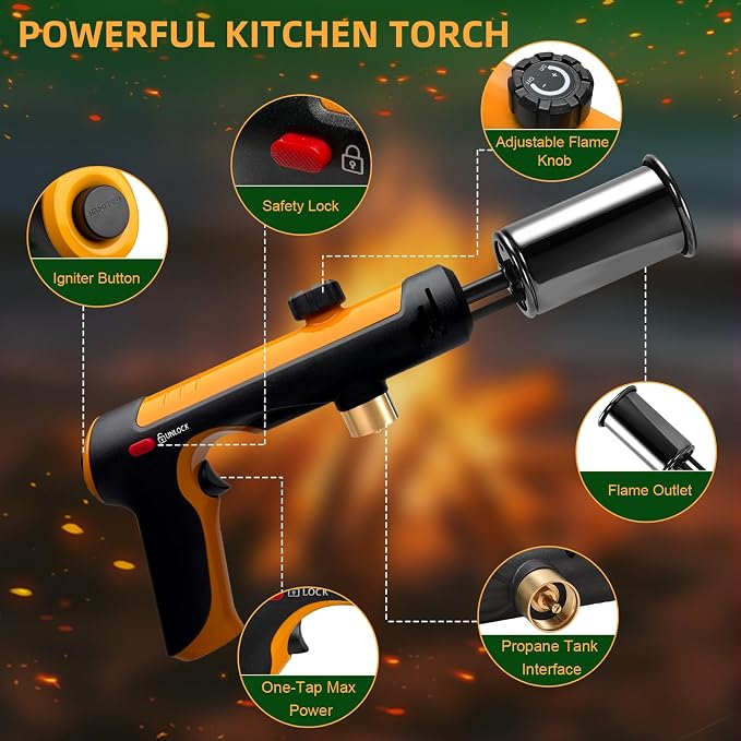 Powerful Propane Torch with One-Touch Max Fire, Adjustable Kitchen Torch with Safety Lock, Flamethrower, Blow Torch Gun for Grill, BBQ, Sous Vide, Campfire Starter (Tank Not Included)