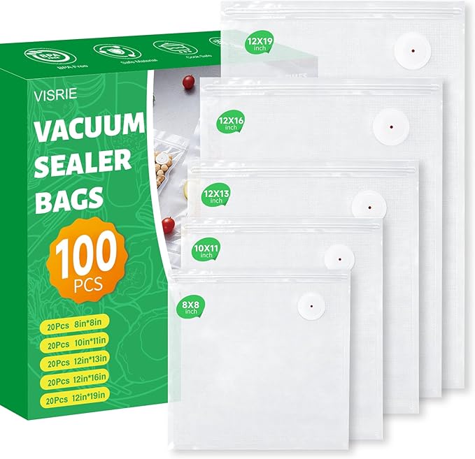 VISRIE 100Pcs Reusable Vacuum Sealer Bags for Food, 5 Assorted Size, BPA-Free Food Storage Bags for Sous Vide Microwave Heating, Compatible with Handheld Sealer and Vac Sealer Machine