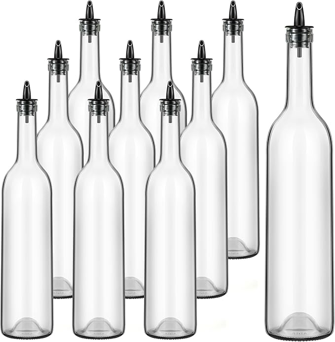 Maxdot 10 Pcs Glass Bottles with Pourer 750ml Long Neck Bordeaux Wine Bottle Clear Empty Wine Syrup Juice for Home Bar Liquor Juice Making Wedding Anniversary Party(Black)