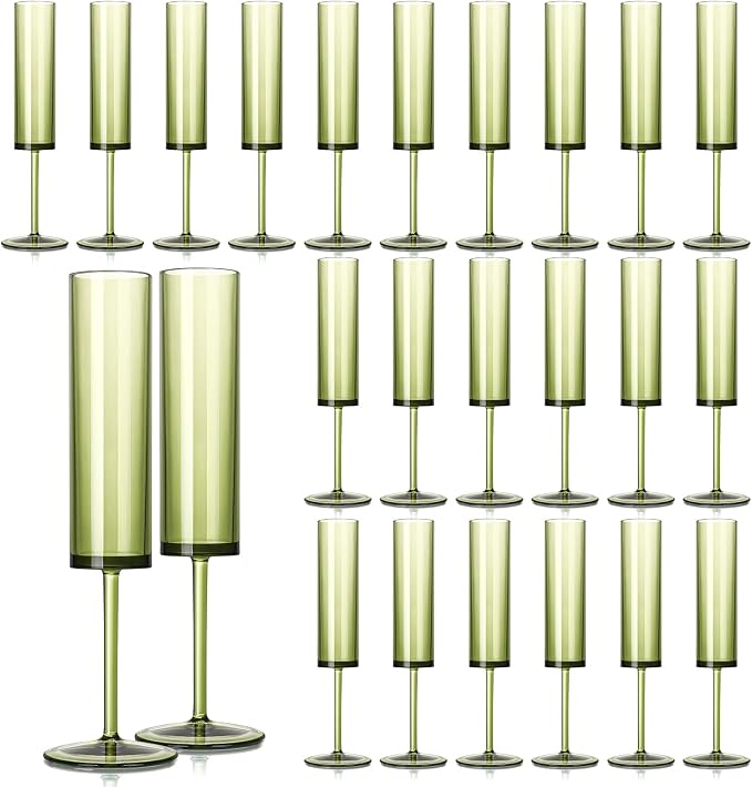 24 PCS Green Champagne Flutes Plastic 5.4OZ Clear Acrylic Champagne Glasses Long Stem Champagne Flutes Sparkling Wine Glasses Sage Green Champagne Glasses FOR Wedding Cocktail Cups Cava Prosecco
