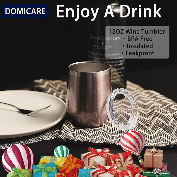 DOMICARE Stainless Steel Wine Tumbler Bulk with Lid, Personalized Rose Gold Insulated Tumblers Set, 12oz Travel Coffee Cups Pack of 12
