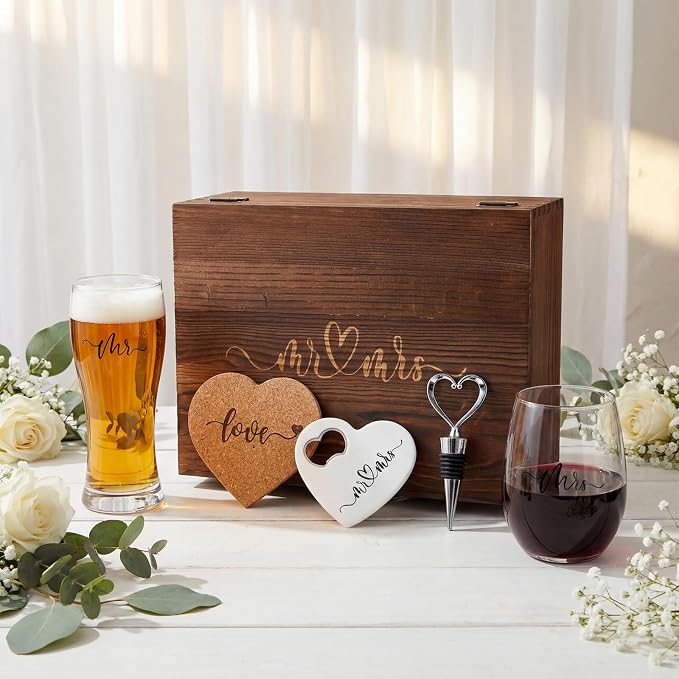 Remerry 7 Pcs Wedding Gifts for Couples 2026 Mr and Mrs Wine Glasses Set with Wooden Keepsake Box Heart Wine Stopper Opener Coasters for Wedding Bridal Shower Engagement Anniversary Bachelorette