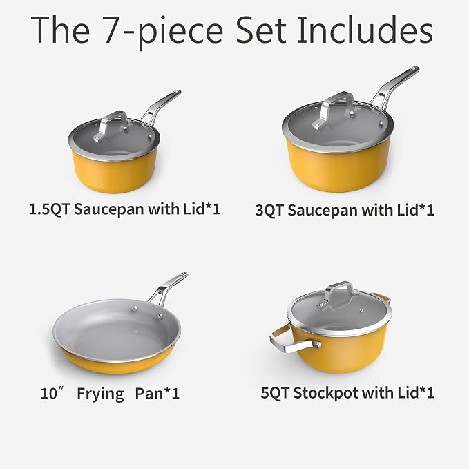 7-Piece Yellow Ceramic Nonstick Cookware Set, Pots and Pans | 4 pots, 3 clear lids; stay-cool grips; 100% PFAS-free; 480°F oven & dishwasher safe; heavy daily family cooking routines