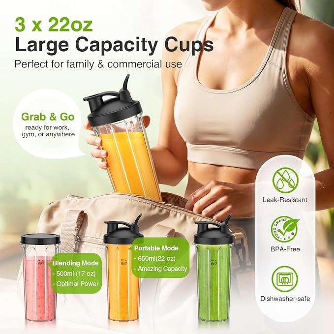 KOIOS Blender for Smoothies, Personal Blender for Shakes and Smoothies with 3 * 22oz To-Go Cups, 22000 RPM Smoothie Maker, Detachable Blade Portable Blenders for kitchen, Black