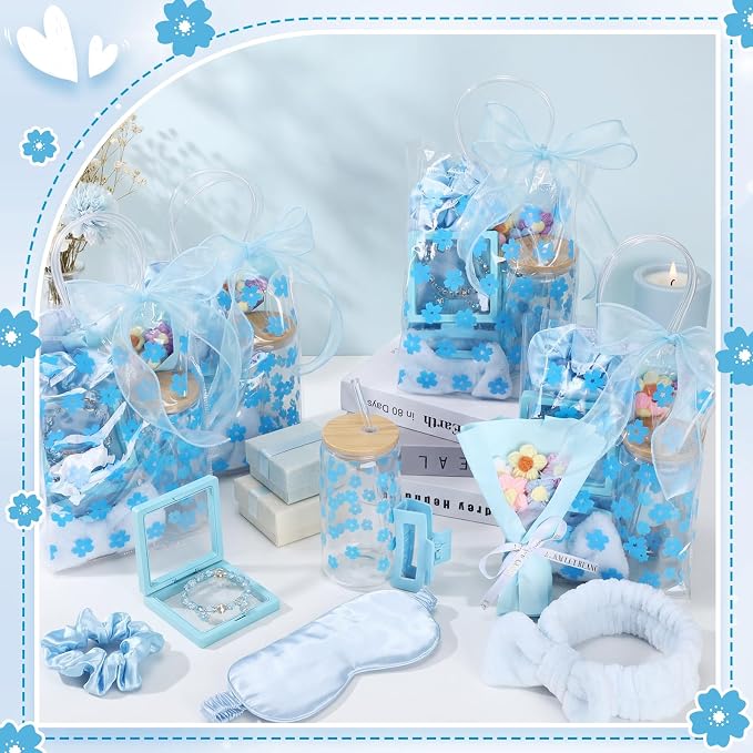 Vesici 73 Pcs Spa Sleepover Party Supplies Bulk Women 8 Sets Slumber Birthday Bridesmaid Gift Crochet Flower Glass Cup Eye Mask Hair Ties Gift Bag Bracelets Scrunchies Headband(Cherry Blossoms,Blue)