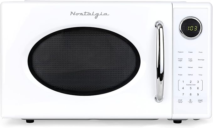 Nostalgia Retro 1000W Microwave Oven 1.1 Cu Ft Capacity – Child Safety Lock, 8 Auto-Cook Settings – Countertop Kitchen Appliance – White