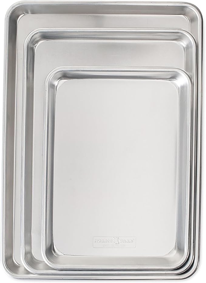 Nordic Ware Naturals 3 Piece Set - USA Made Aluminum Commercial Quality Sheet Pan for Baking or Roasting, Encapsulated Galvanized Steel Rim Prevents Warping; Half Sheet, Jelly Roll and Quarter Sheet