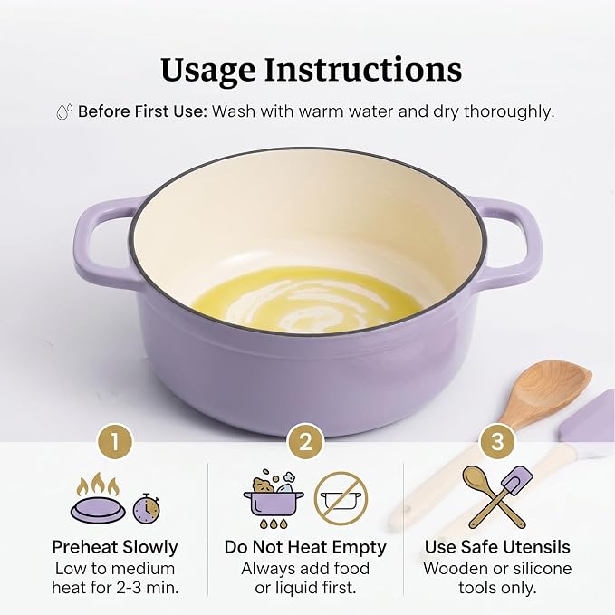 3.7 QT Enameled Cast Iron Dutch Oven with Lid, Purple - Heavy Duty Casserole Braiser Pot for Sourdough Bread, Roasting & Stews, Induction Compatible, Oven Safe 500°F for Small Families
