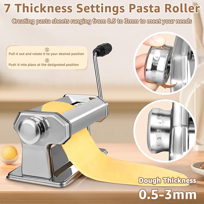 Pasta Maker - 7 Thickness Settings Pasta Roller & 2-in-1 Cutter, Stainless Steel Pasta Machine for Spaghetti, Fettuccine, Ravioli, Lasagna - Includes Hand Crank & Table Clamp