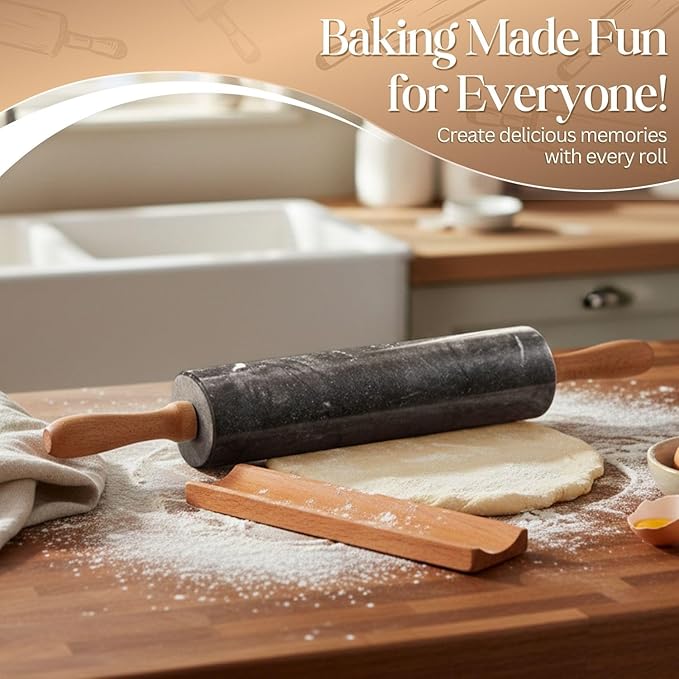 Flexzion Marble Rolling Pin Heavy Nonstick Stone Dough Roller - 10 Inch Polished Barrel with Wooden Handles & Cradle Stand for Baking Pastry Bread Pizza Cookies Pie Crust Pasta Tortillas (Black)