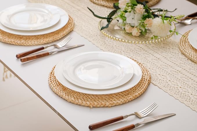 FHGNYSM Vintage Dinnerware Set for 4, 12-Piece Elegant Bone China Look Porcelain Plates and Bowls Set, Ivory Pattern Dish Set for Kitchen, Wedding and Housewarming Gift