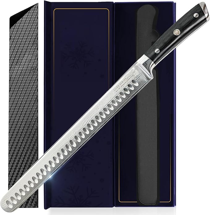 Luxury Brisket & Carving Knife - Thoughtful Gifts for Men and Dad - 12" Japanese AUS-10V Damascus Steel - 63+ HRC - Razor Sharp, Full Tang, Military Grade Ergonomic Handle