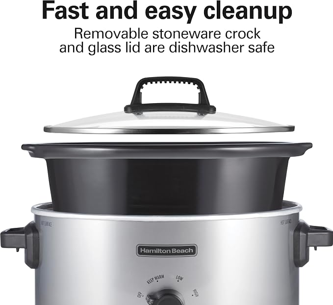 Hamilton Beach 6 Quart Slow Cooker With 3 Cooking Settings | Dishwasher-Safe Stoneware Crock & Glass Lid | Silver | 33665G